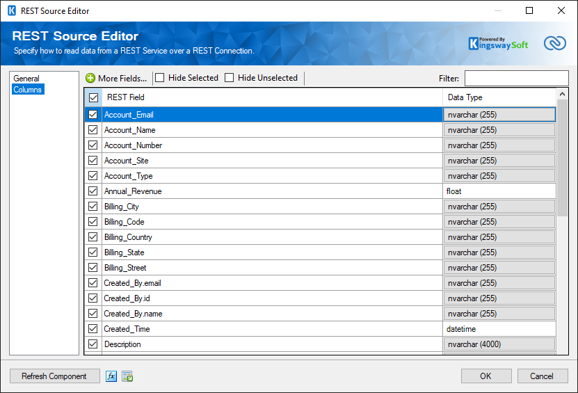 SSIS Zoho CRM Source Component - Columns